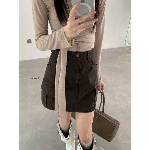 JUICE十三行秋高腰显瘦韩系复古A字短裙百搭工装半身裙裤女260263