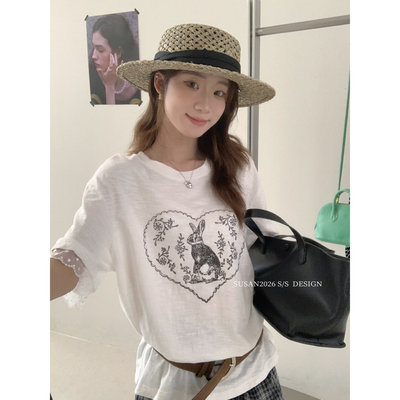 SUSAN十三行夏季韩系小清新宽松减龄设计感蕾丝拼接短袖T恤女si55