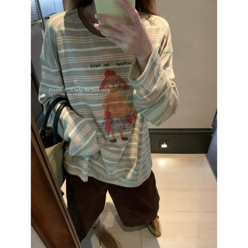 peanut花生家秋季休闲慵懒印花奶茶条纹复古又柔和长袖T恤女11777