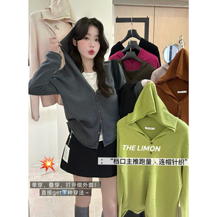 THE LIMON柠檬绿茶秋冬新款慵懒风百搭连帽开衫针织开衫女DF008