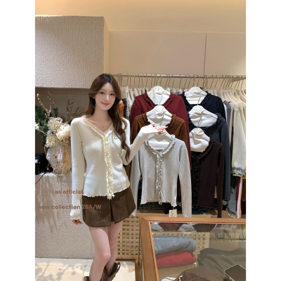 AS OFFICIAL十三行秋季设计感显瘦气质V领木耳边针织上衣女13909