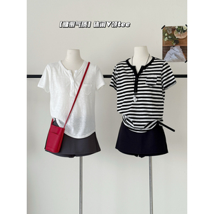 T恤4886 LADY 显瘦上衣短袖 韩系小圆领条纹修身 MARIA十三行夏季