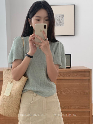 ING法式简约泡泡袖针织T恤女