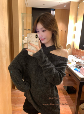 AS OFFICIAL十三行2025秋季设计感交叉挂脖露肩显瘦针织衫女13836