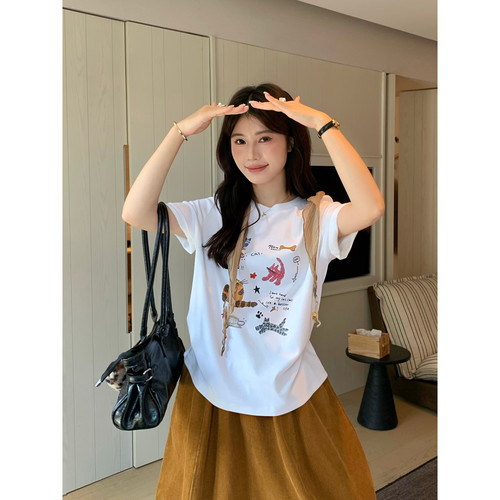 SUSAN十三行秋季宽松趣味涂鸦小猫印花减龄短袖T恤女配丝巾Y831H