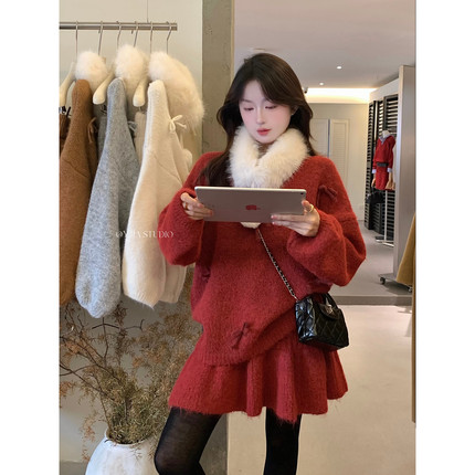 Y.JIA十三行冬上新配毛领蝴蝶结毛衣+高腰百褶半身裙套装女1236-5