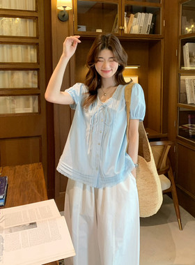SUSAN十三行夏季新款韩系宽松减龄设计绑带娃娃衫法式小衫女T007H