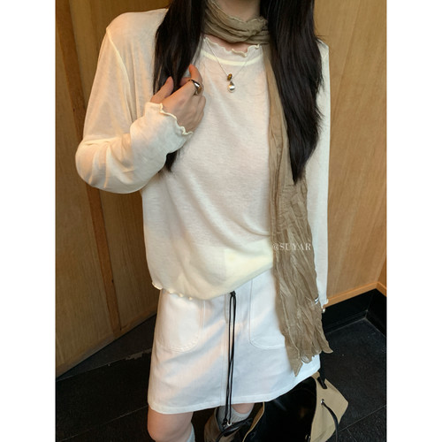 SUYAR十三行秋季新款减龄花边领面膜长袖T恤宽松百搭上衣女258010