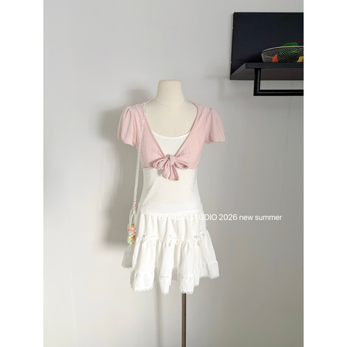 Simida夏季新款甜美设计绑带假两件波点拼接短袖拼色上衣女3557D