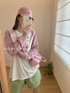 宽松休闲显瘦上衣 女2024夏季 SUSAN字母印花撞色插肩袖 T恤防晒衫