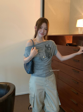 MZI STUDIO-韩版夏季一字肩马头印花条纹收腰显瘦百搭上衣女13283