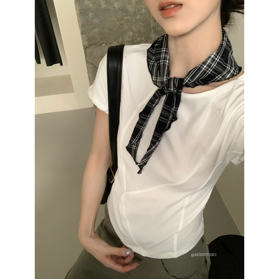 MZI STUDIO夏季韩系气质不规则设计感纯色短袖T恤女配丝巾A10175