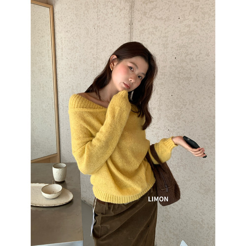 THE LIMON柠檬绿茶秋季亲肤斜肩气质保暖长袖针织衫毛衣女NM-8579