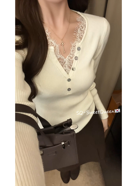 SQ十三行秋冬完美内搭加分项韩系蕾丝V领百搭通勤修身针织衫6657Q