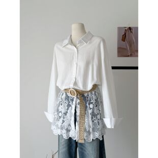 上衣春夏衬衫 法式 配腰带 女装 十三行学院风设计感蕾丝刺绣拼接长袖