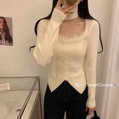 绝美挂脖式方领不规则冬季针织衫