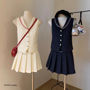 WGWE十三行韩系海军领少女高级感套装无袖上衣+百褶半身裙两件套