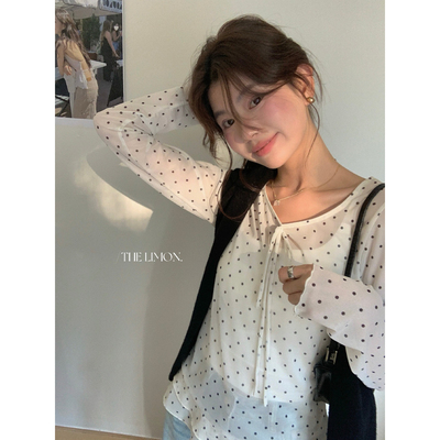 柠檬绿茶夏季新款纯欲薄款微透波点系带蝴蝶结防晒长袖T恤女10367