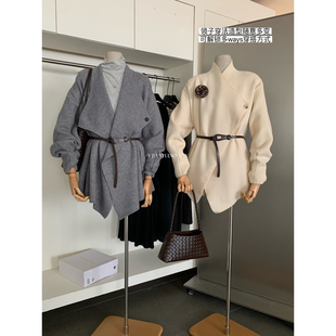 Y.JIA十三行秋季新款气质慵懒风不规则翻领针织开衫女配腰绳680-5