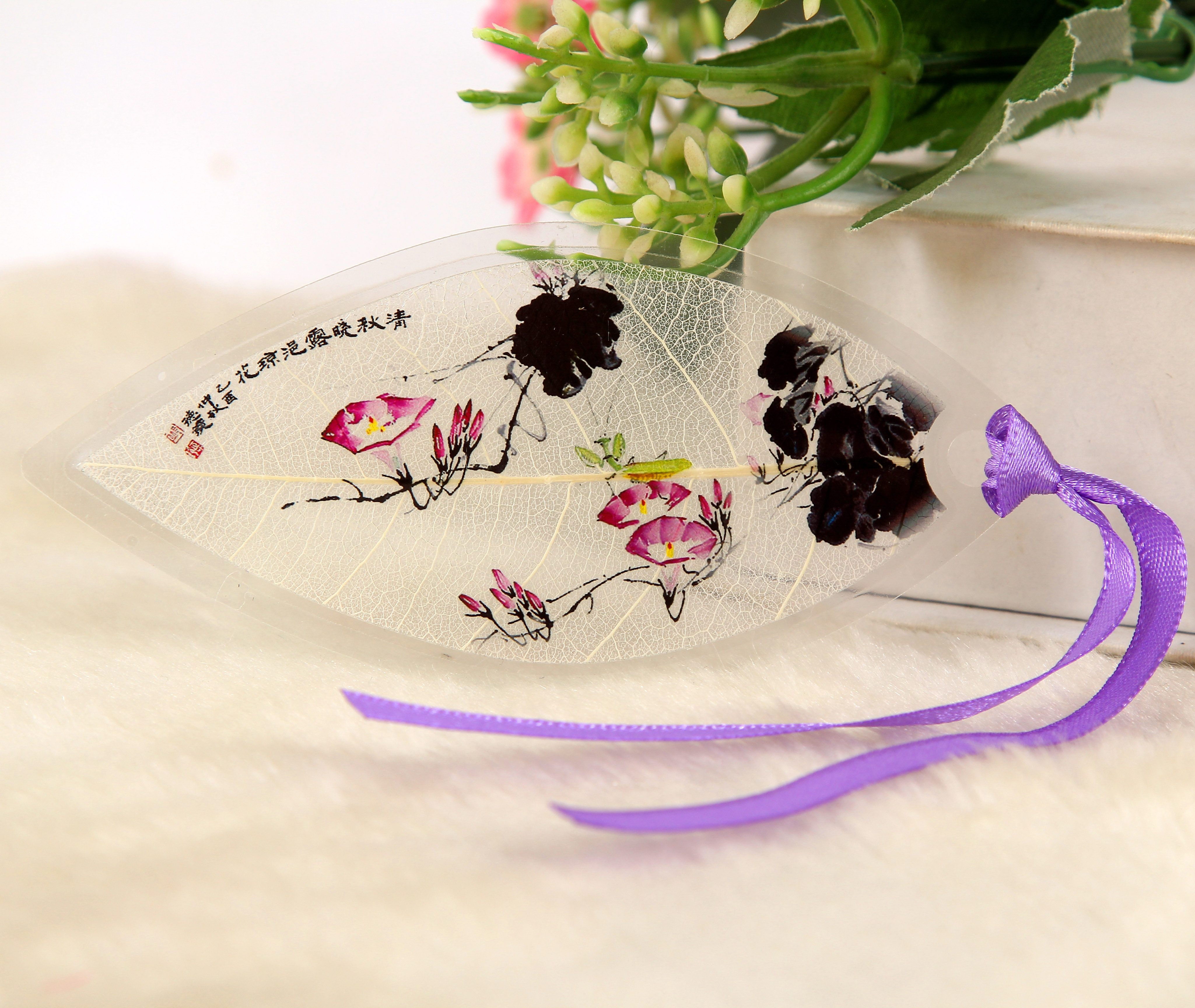 牵牛花夕颜花草图叶脉书签简约唯美中国风 学校教学创意文具定制