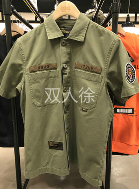 izzue nhiz男士春夏季流行休闲刺绣徽章口袋工装短袖衬衫8101