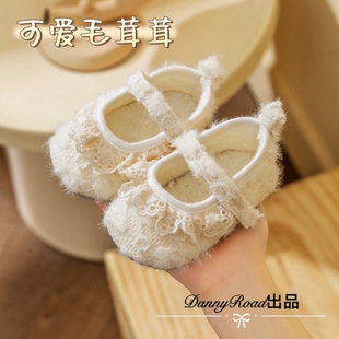 秋冬季新款婴儿鞋蕾丝花边毛绒防滑韩版公主鞋女宝宝软底学步鞋