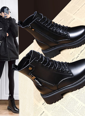 真皮马丁靴女靴子2025新款秋冬加绒爆款厚底今年流行的黑粗跟短靴