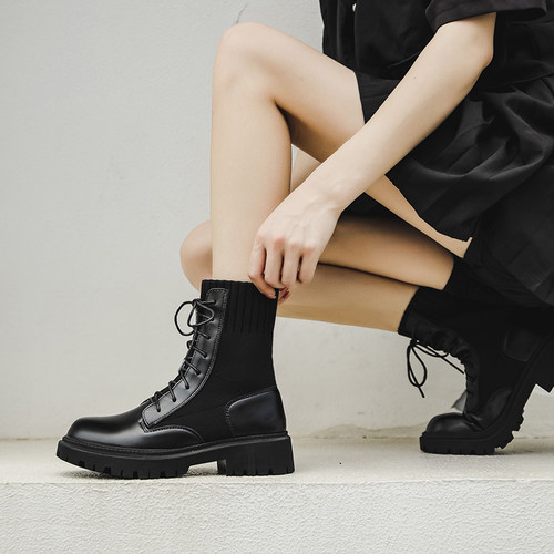 真皮马丁靴女弹力瘦粗跟