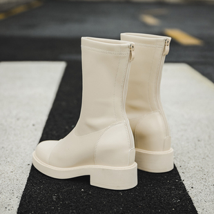 真皮马丁靴女2025年秋冬新款内增高白色靴子英伦风单靴粗跟中筒靴