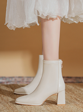 真皮粗跟高跟靴子女2025秋冬加绒新款瘦瘦靴配裙子洋气白色小短靴