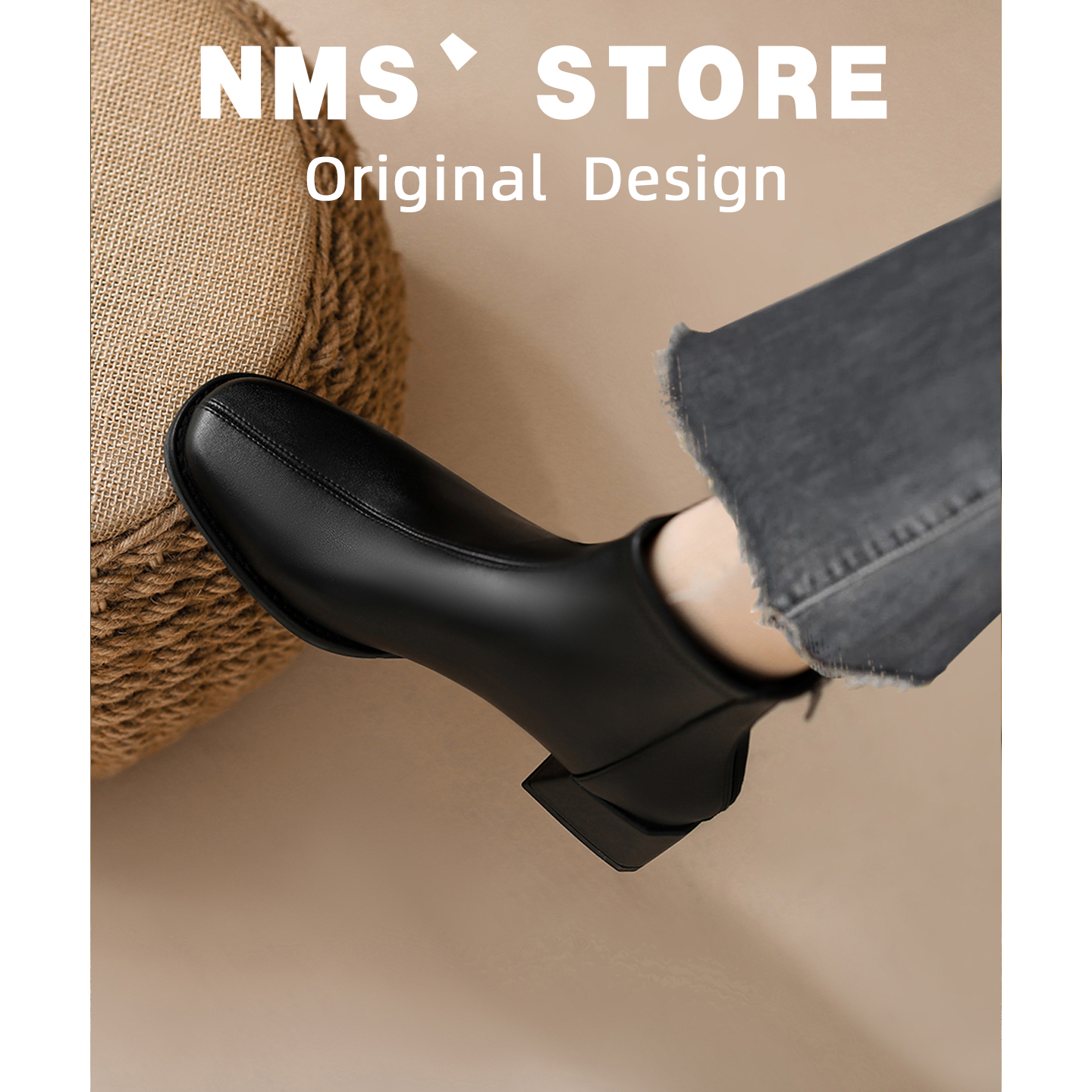 真皮版~洋气小短靴女粗跟秋冬新款方头法式瘦瘦靴高跟单靴女靴子