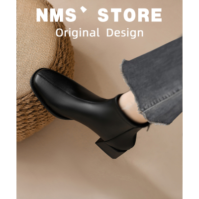 真皮版~洋气小短靴女粗跟秋冬新款方头法式瘦瘦靴高跟单靴女靴子