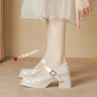玛丽珍女鞋子2025春秋新款爆款粗跟珍珠厚底法式单鞋软底配裙子鞋