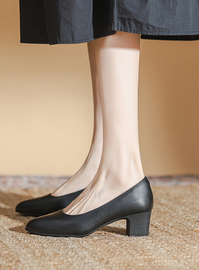 空姐单鞋女夏季小皮鞋一脚蹬黑色粗跟高跟鞋上班久站软底工作鞋