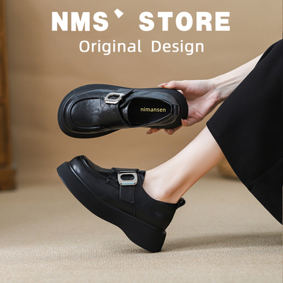 真皮厚底乐福鞋女黑色小皮鞋