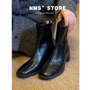 真皮法式复古方头粗跟短靴女2025秋冬新款加绒黑瘦瘦靴百搭不累脚