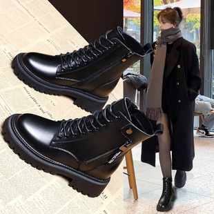 黑粗跟短靴 厚底今年流行 真皮马丁靴女靴子2025新款 秋冬加绒爆款