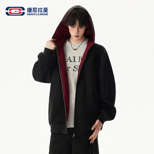 捷尼拉莫美式重磅连帽开衫卫衣男