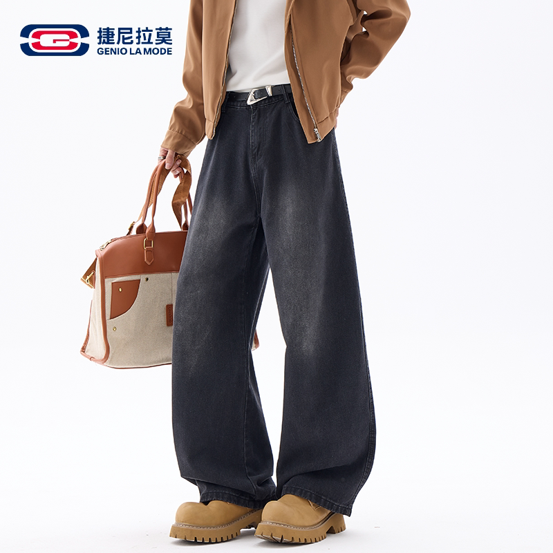 【捷尼拉莫】水洗做旧直筒牛仔裤男秋季宽松cleanfit休闲百搭长裤