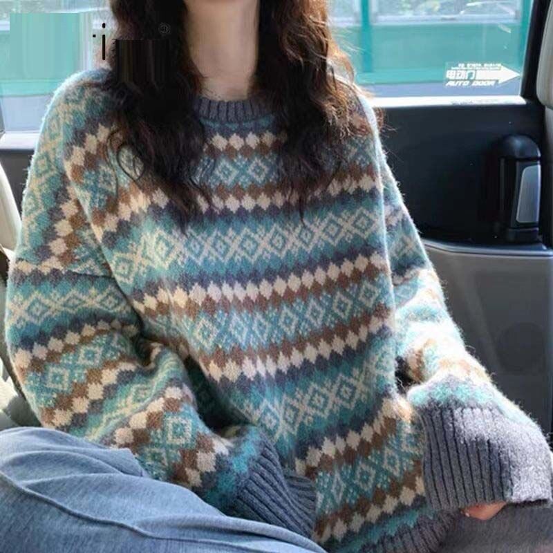 2026秋冬韩版宽松菱格毛衣女
