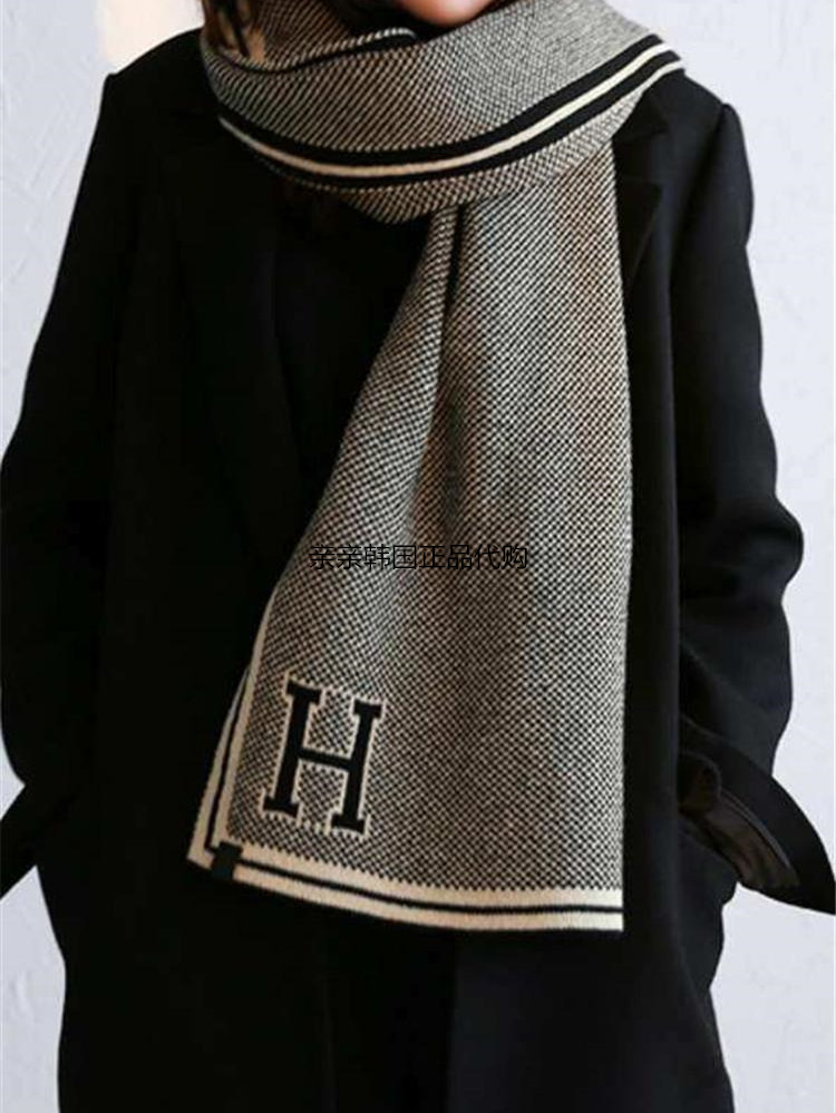 秋冬新款韩国东大门代购针织保暖加厚麦穗纹字母H刺绣围巾围脖女