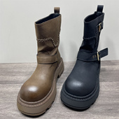 断码 处理复古皮带扣马丁靴女2025新款 厚底粗跟增高英伦风中筒靴女