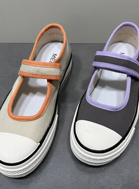 码处理春秋款平底帆布鞋女一字带