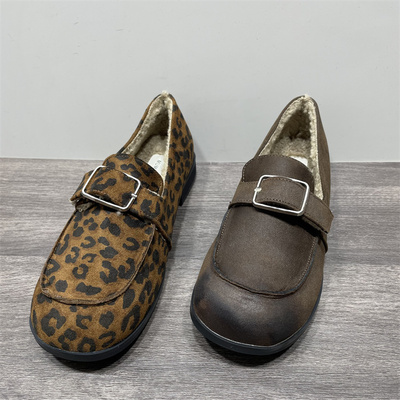 断码处理低跟豹纹小皮鞋女休闲一脚蹬冬季加绒保暖时髦乐福单鞋女