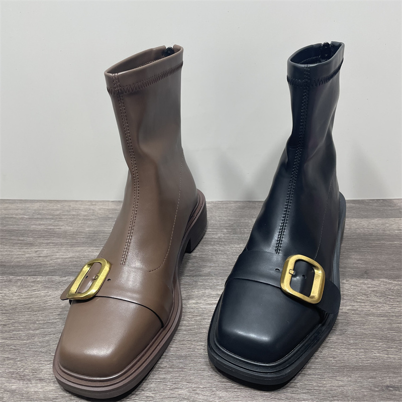 方头弹力靴瘦瘦靴粗跟短靴女