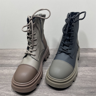 断码 拼色马丁靴女显瘦系带后拉链厚底短靴短筒女靴子 处理春秋韩版