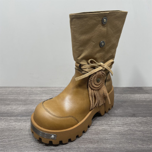 西部牛仔靴女粗跟不累脚机车骑士靴 款 断码 处理真皮流苏堆堆靴秋季