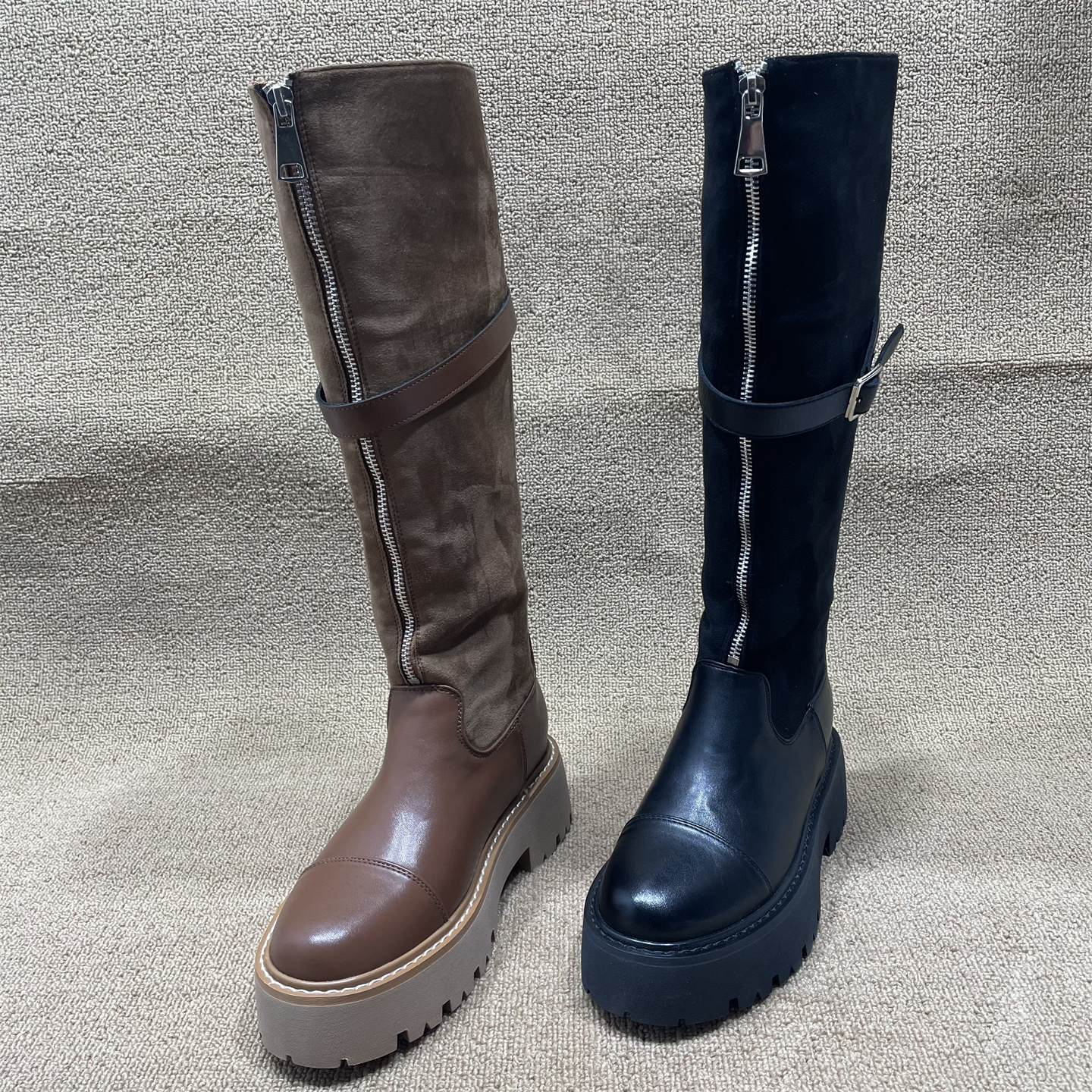 断码处理厚底拼接保暖长筒靴冬季新款加绒时尚百搭前拉链机车靴女