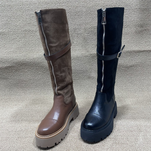 加绒时尚 新款 百搭前拉链机车靴女 处理厚底拼接保暖长筒靴冬季 断码