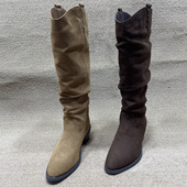 断码 复古堆堆靴女 法式 处理真皮不过膝长靴女粗跟长筒靴秋冬季 新款